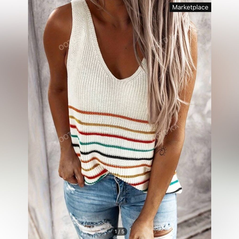 Striped Color Block V Neck Knit Sleeveless Top Size Small